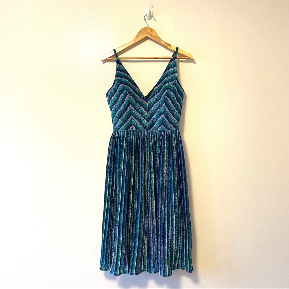 Dress the Population Navy Multicolor Metallic Pleated Fit-and-Flare Dress